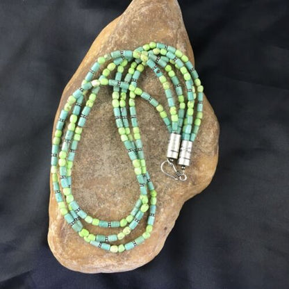 Navajo Blue Green Turquoise Necklace | 3-Strand | Sterling Silver | 17" | Authentic Native American Handmade | 10245