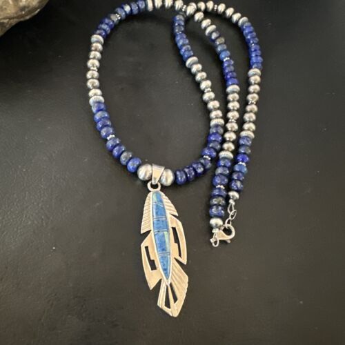 Navajo Blue Denim Lapis Feather Pendant Necklace | Sterling Silver Inlay | Authentic Native American Handmade | 16767