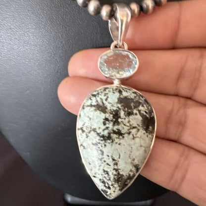 Navajo Dry Creek Turquoise Topaz Pendant Necklace | Sterling Silver | Authentic Native American Handmade | 16314