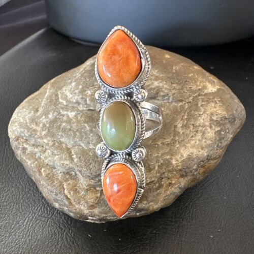 Navajo Green Turquoise Spiny Oyster Multi-Stone Ring | Authentic Native American Sterling Silver | Sz 10 | 16713