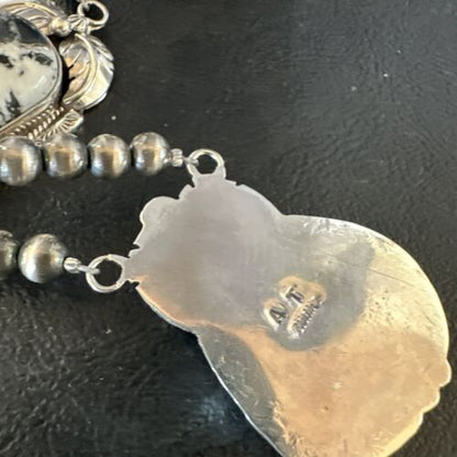 Navajo White Buffalo Turquoise Pendant Necklace | Sterling Silver | Authentic Native American Handmade | 15249