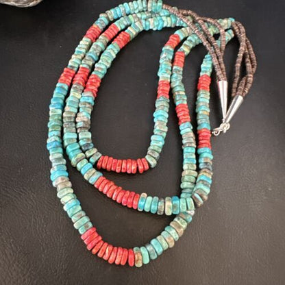 Women's Turquoise Spiny Oyster 3-Strand Necklace | Navajo Pearl Sterling Silver | 15157