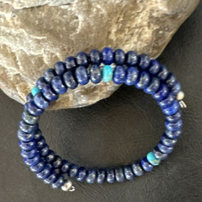 Navajo Lapis Turquoise Heishi Bracelet | Stainless Steel Memory Wire 6mm | Authentic Native American Handmade | 17614