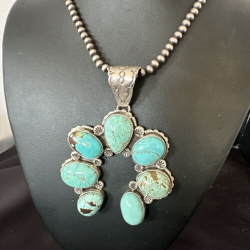 Navajo Blue Turquoise #8 Squash Blossom Naja Pendant Necklace | Sterling Silver | Authentic Native American Handmade | 16907