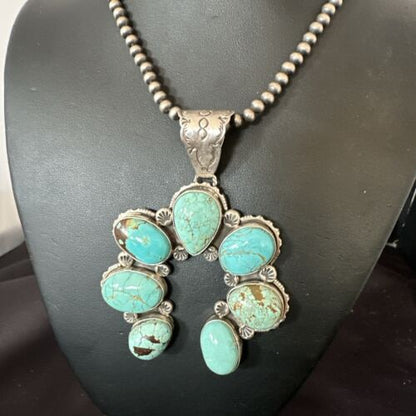 Navajo Blue Turquoise #8 Squash Blossom Naja Pendant Necklace | Sterling Silver | Authentic Native American Handmade | 16907