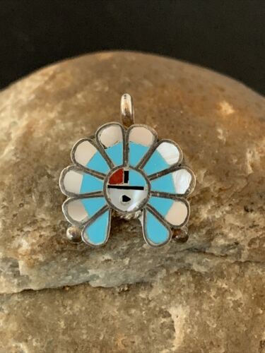 Zuni Sunface Pin Pendant | Turquoise, Mother of Pearl, Spiny Oyster | Sterling Silver | Native American Handmade | 01180
