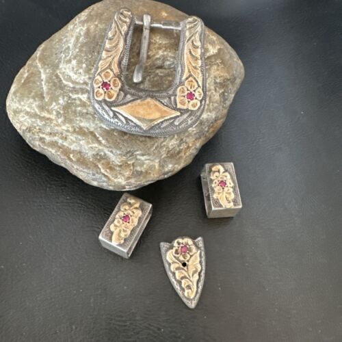 14k Gold Rubies Ranger Belt Buckle | Sterling Silver | Navajo Handmade | 16968