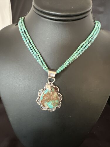 Navajo Blue Turquoise Pendant | Sterling Silver 3-Strand Bead Necklace | 17" | Authentic Native American Handmade | 15995