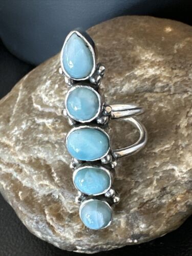 Navajo Women's Cluster Blue Larimar Ring | Authentic Native American Sterling Silver | Multi-Stone | Sz 8.5 | 15940