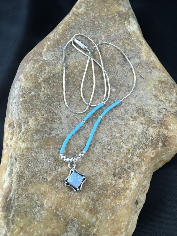 Children's Turquoise Beads Necklace with Opal Pendant Necklace | Sterling Silver | 18" | 10128