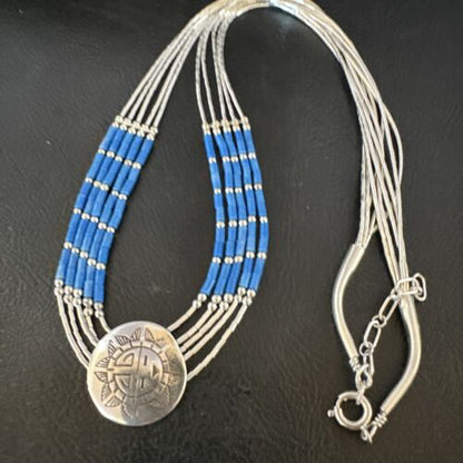 Navajo Concha Blue Denim Lapis Heishi Liquid Sterling Silver 5-Strand Necklace 20" | 15875