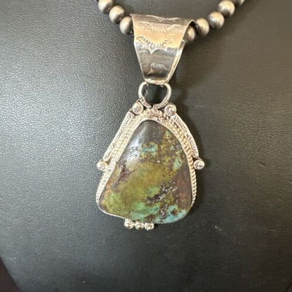 Men's Navajo Green Royston Turquoise Pendant Necklace | Sterling Silver | Authentic Native American Handmade | 17479