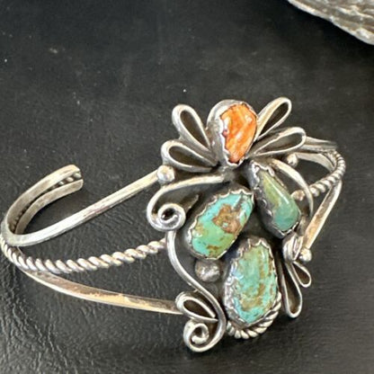 Navajo Royston Turquoise Spiny Cuff Bracelet | Sterling Silver Tufa Cast | Authentic Native American Handmade | 16776
