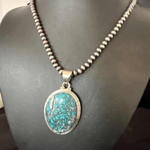Men's Navajo Blue Spiderweb Turquoise Pendant Necklace | Sterling Silver | Authentic Native American Handmade | 16193