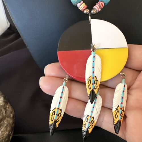 Santo Domingo Multicolor Spiny Inlay Feather Pendant Necklace | Sterling Silver | 24" | 16856