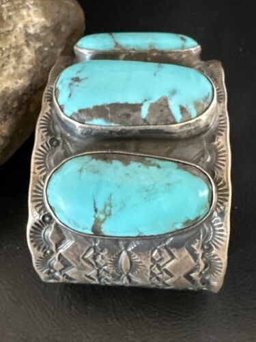 XL Men's Kingman Blue Turquoise 3 Stone Cuff Bracelet | Navajo Sterling Silver | 15857