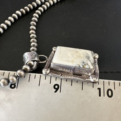 White Buffalo Turquoise Pendant | Navajo Pearls Sterling Silver Necklace | Authentic Native American Handmade | 17104