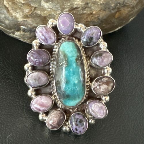 Navajo Kingman Turquoise Charoite Ring | Authentic Native American Sterling Silver | Multi-Stone | Sz 10 | 17181
