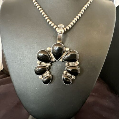 Men's Black Onyx Naja Pendant | Navajo Pearls Sterling Silver Necklace | Authentic Native American Handmade | 17070