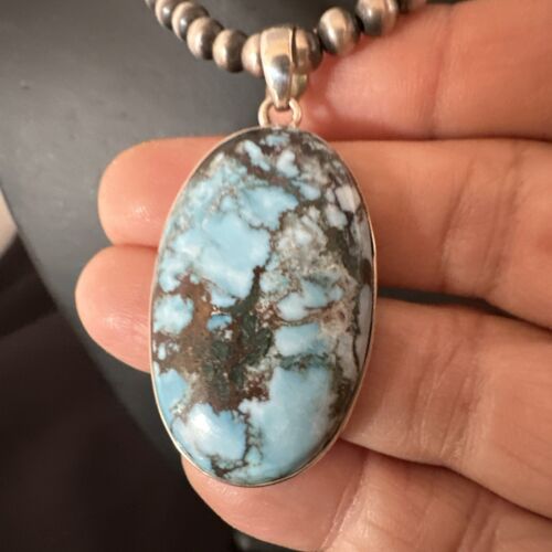 Navajo Blue Spiderweb Turquoise Pendant Necklace | Sterling Silver | Authentic Native American Handmade | 17022