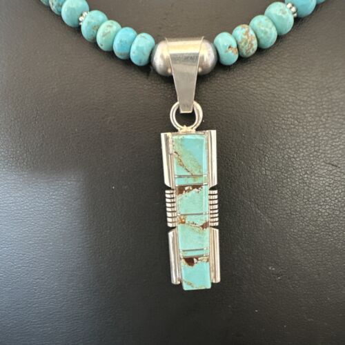 Men's & Women's Turquoise #8 Inlay Pendant Necklace | Navajo Sterling Silver | Authentic Native American Handmade | 17056