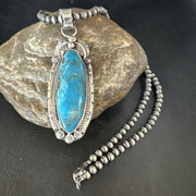 Navajo Kingman Turquoise Pendant Necklace | Sterling Silver Pearls | Authentic Native American Handmade | 15219