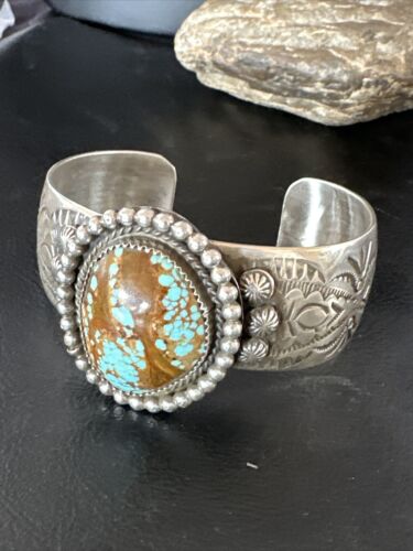 Navajo Men's Blue #8 Turquoise Cuff Bracelet | Sterling Silver | Authentic Native American Handmade | 15856