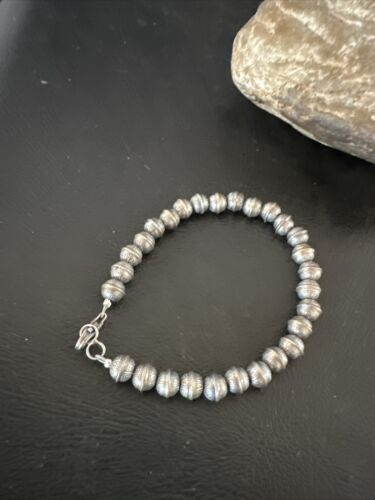 Handmade Stamped Navajo Pearls Bracelet | 6mm Beads | 8" Sterling Silver | Authentic Native American | 17447