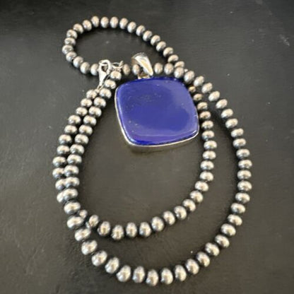 Navajo Blue Lapis Pendant with Pearls | Sterling Silver Necklace | 20" | Authentic Native American Handmade | 16664