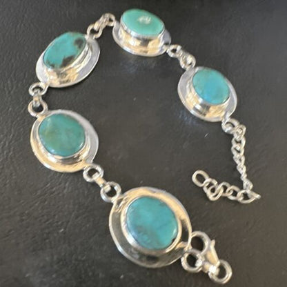 Navajo Blue Turquoise Link Bracelet | Sterling Silver | 8" | Authentic Native American Handmade | 15477