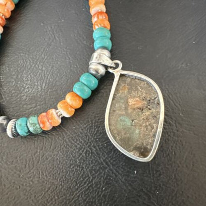 Navajo Spiny Turquoise Pendant Necklace | Sterling Silver | 22" | Authentic Native American Handmade | 17415