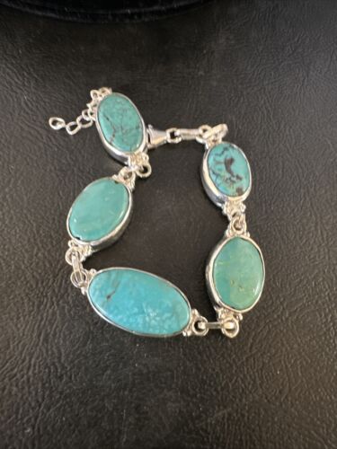 Navajo Blue Turquoise Link Bracelet | Sterling Silver | 8" | Authentic Native American Handmade | 15465