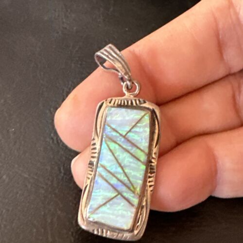 Navajo Blue Fire Opal Inlay Pendant | Sterling Silver | Authentic Native American Handmade | 16484