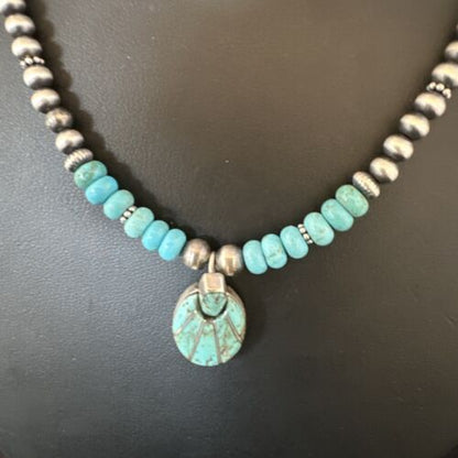 Navajo Blue Turquoise Inlay Pendant | Sterling Silver Necklace | Authentic Native American Handmade | 15423
