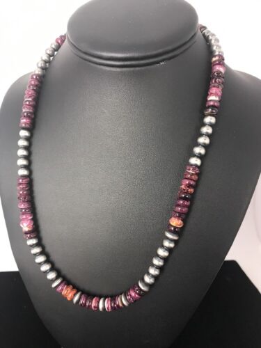 Navajo Pearls Necklace | Sterling Silver Purple Spiny Oyster Beads 8mm | Authentic Native American Handmade | 15956
