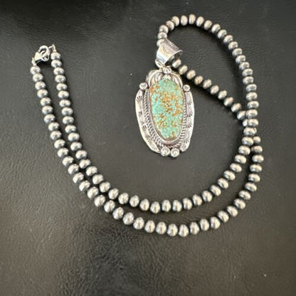 Navajo Blue Turquoise #8 Pendant | Sterling Silver Necklace with Pearls | Authentic Native American Handmade | 15904