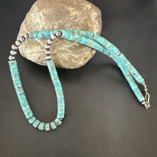 Navajo Blue Turquoise Heishi Bead Necklace | Sterling Silver | 21" | Authentic Native American Handmade | 17257