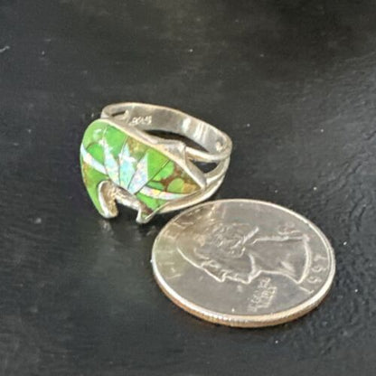 Navajo Bear Inlay Ring | Opal Green Turquoise | Sz 7.5 | Authentic Native American Handmade | 15395