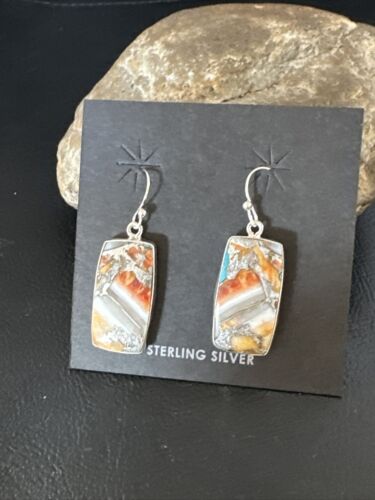 Navajo Blue Turquoise & Orange Spiny Oyster Inlay Dangle Earrings | Sterling Silver | 15582