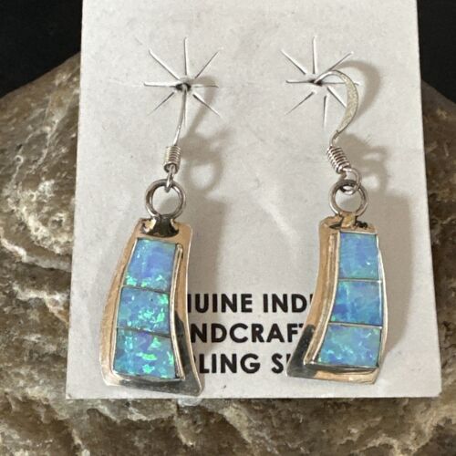 Navajo Blue Faux Opal Inlay Dangle Earrings | Sterling Silver | 1" | Authentic Native American Handmade | 17439