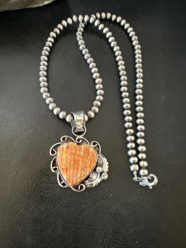Navajo Orange Spiny Oyster Heart Pendant Necklace | Sterling Silver | Authentic Native American Handmade | 16420