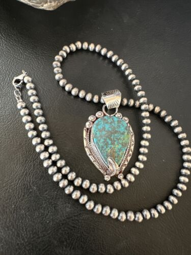 Navajo Blue Turquoise Pendant Necklace | Sterling Silver Pearls | Authentic Native American Handmade | 15761