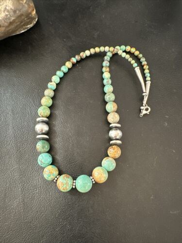 Navajo Green Turquoise Bead Necklace | Sterling Silver | Graduated | 20" | Authentic Native American | 17433