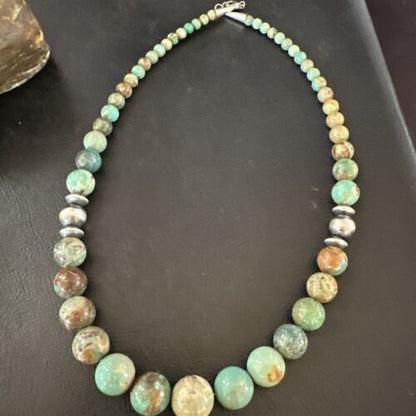 Navajo Green Turquoise Bead Necklace | Sterling Silver | Graduated | Authentic Native American | 18" | 17402