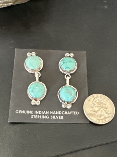 Navajo Blue Green Turquoise Dangle Earrings | Sterling Silver | 1.5" | Authentic Native American Handmade | 17388