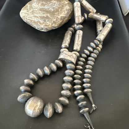 Navajo Stamped Bench Bead Necklace | Sterling Silver | 30" | Authentic Native American Handmade | 16727