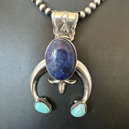 Blue Turquoise Lapis Lazuli Naja Pendant | Navajo Sterling Silver | Authentic Native American Handmade | 16412