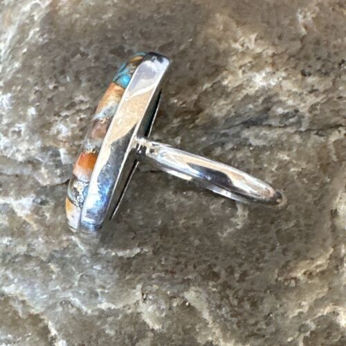 Navajo Blue Turquoise Orange Spiny Oyster Ring | Sterling Silver | Sz 8 | Authentic Native American Handmade | 16621