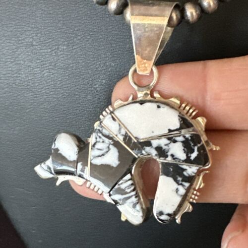 Navajo White Buffalo Turquoise Bear Inlay Pendant Necklace | Sterling Silver | Native American Handmade | 15248