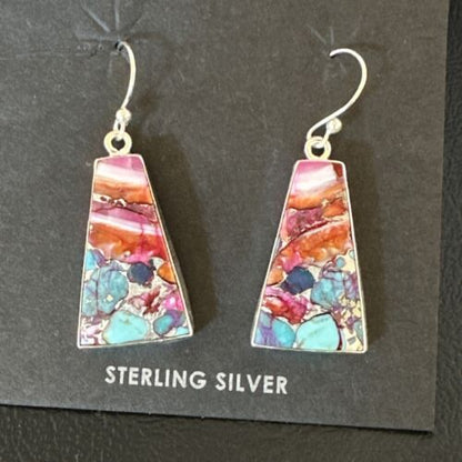 Navajo Blue Turquoise Red Spiny Oyster Inlay Dangle Earrings | Sterling Silver | Authentic Native American Handmade | 15577